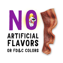 Bacon-flavored dog treat strip with "No Artificial Flavors" text