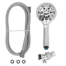 Chrome showerhead with gray hose and three connection pieces