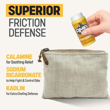 Calamine anti friction body powder bottle in hand above beige zip pouch