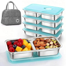 Stainless steel snack containers set with turquoise lids and gray lunch bag