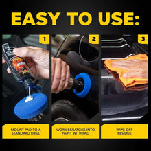 Instruction steps for ScratchX use: mount pad, polish scratch, wipe off residue