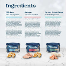 Wet cat food ingredients label with three pâté can varieties shown.