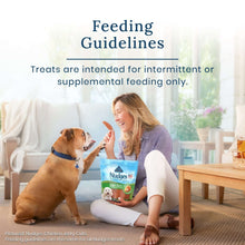 Dog treat bag with feeding guidelines featuring a person and dog