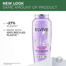 L'Oreal Paris Elvive Hyaluron Plump hydrating shampoo bottle with recycled plastic claim