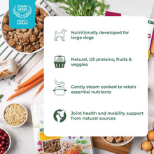 Freshpet clean label benefits card showing large dog nutrients and cooking method icons