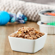 White plastic tray of dry dog food crumbles