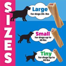 Dog chew treats, large size for dogs 35+ lbs, shown as beige bone with red top