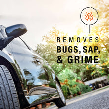 Car front corner with bugs, sap, and grime removal text