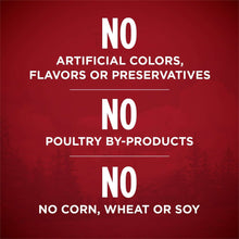 Wet dog food label stating no artificial colors, flavors, preservatives, or poultry by-products