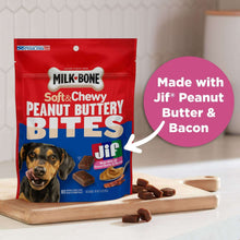 Milk-Bone peanut buttery bites bag with Jif Peanut Butter & Bacon callout