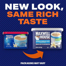 Maxwell House instant beverage mix packaging showing decaf French vanilla cup