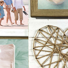 Heart-shaped string art detail on rustic photo frame collage