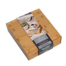 Natural bamboo k-cup organizer showing product packaging inside the open case