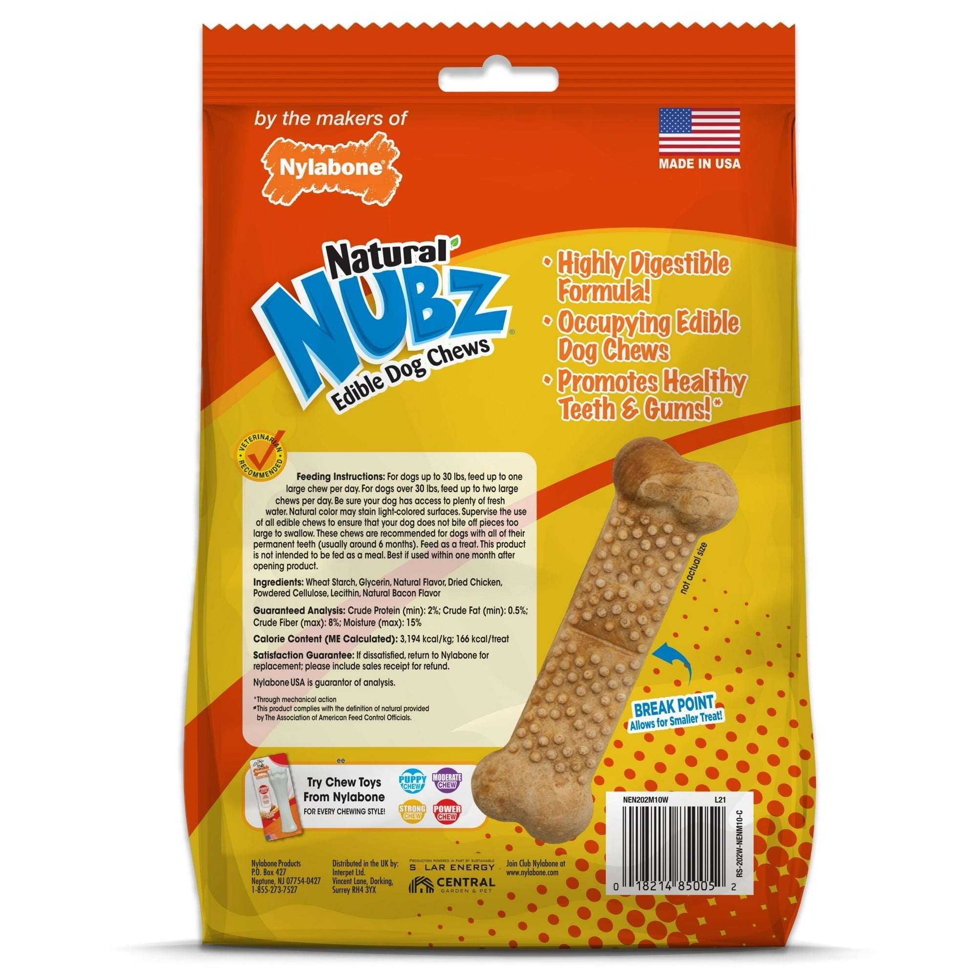 Nylabone Natural Nubz Edible Dog Dry Chew Treat, Chicken Flavor, Small