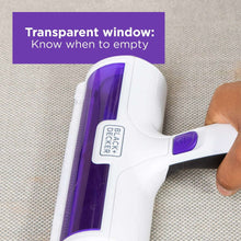 Reusable pet hair lint roller with transparent window and purple roller surface