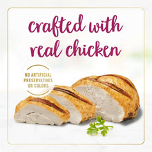 Grilled cat food pieces next to sliced chicken illustration