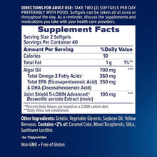 Supplement Facts panel listing algal oil omega-3 and joint shield resin ingredients