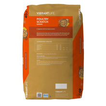 Poultry scratch grains feed bag, back view with analysis details, 40 lb