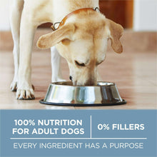 Adult dog eating from a metal bowl with 0% fillers and 100% nutrition label
