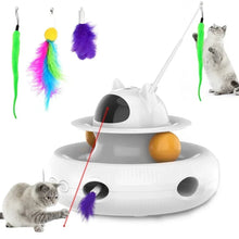 White rotating cat laser toy with colorful dangling feather wands