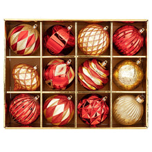 Christmas ball ornaments set with red and gold geometric patterns, mixed finishes, 12-pack