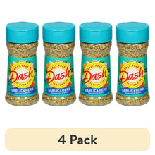 Four salt-free garlic & herb seasoning blend bottles in teal caps, Dash brand