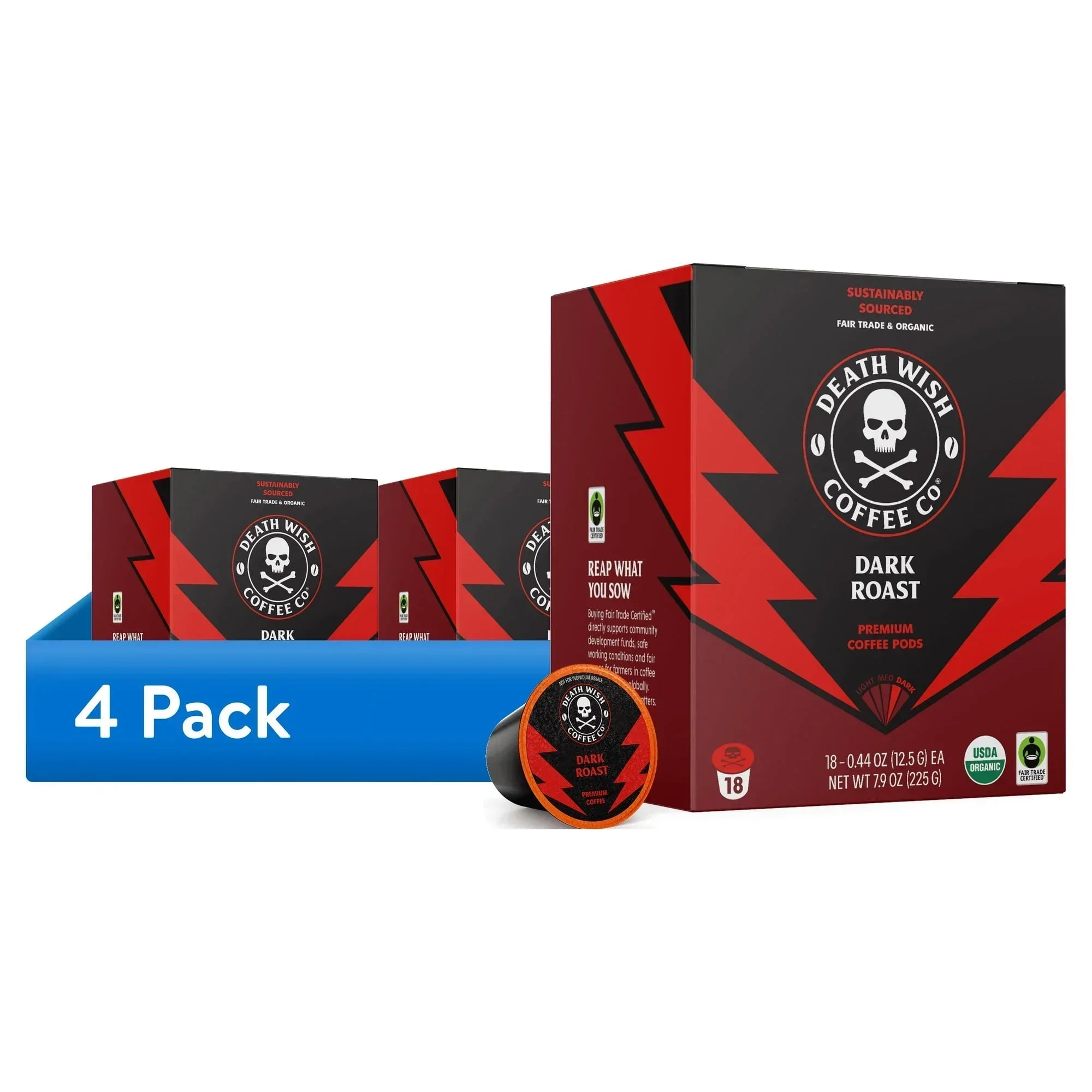 Death Wish Coffee, Organic and Fair Trade, Dark Roast, Single-Serve Coffee Pods, 18 Count
