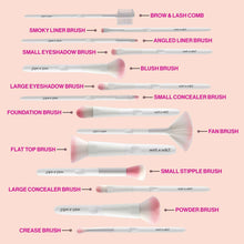 Assorted eye makeup brushes with soft bristles and white handles in a lineup