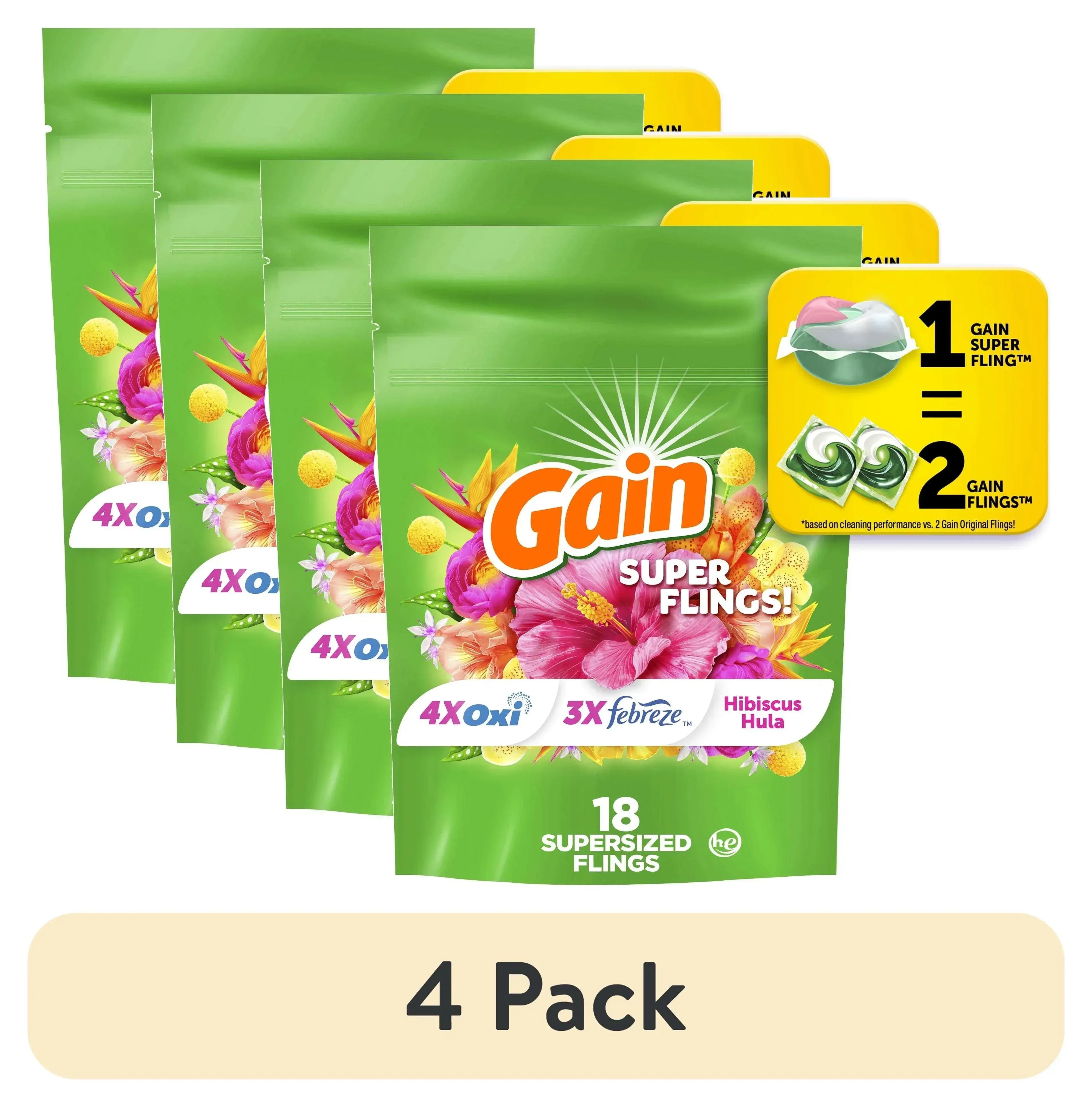 Gain Happy Super-Sized Flings Laundry Detergent Packs, Hibiscus Hula Scent, 18 Count
