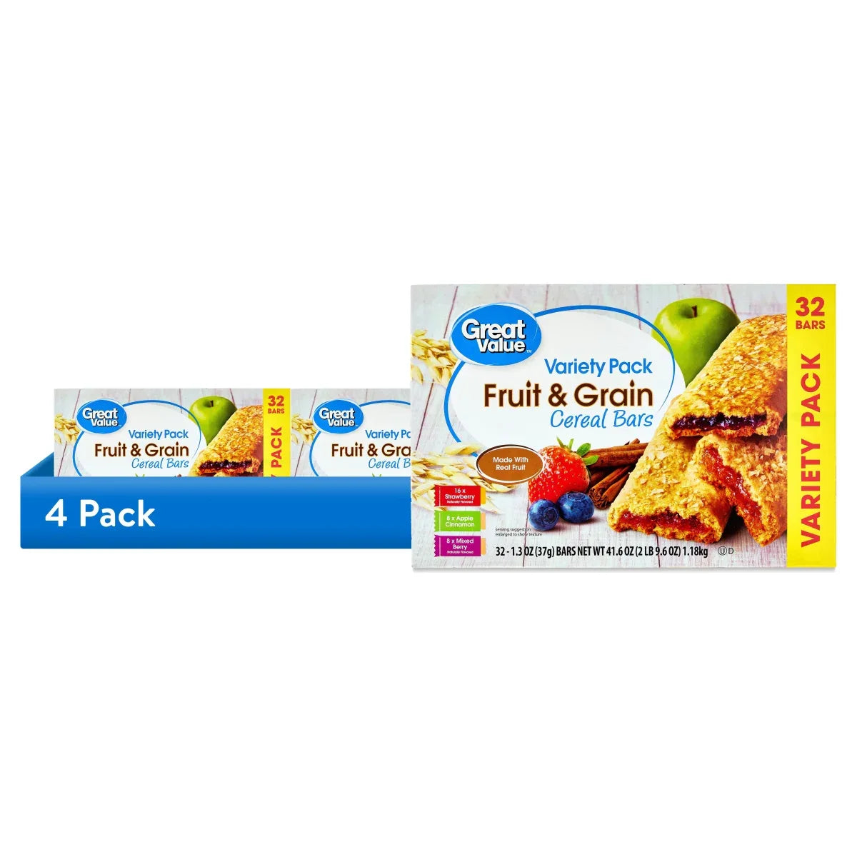 Great Value Fruit & Grain Cereal Bars, Variety Pack, 1.3 oz, 32 Count