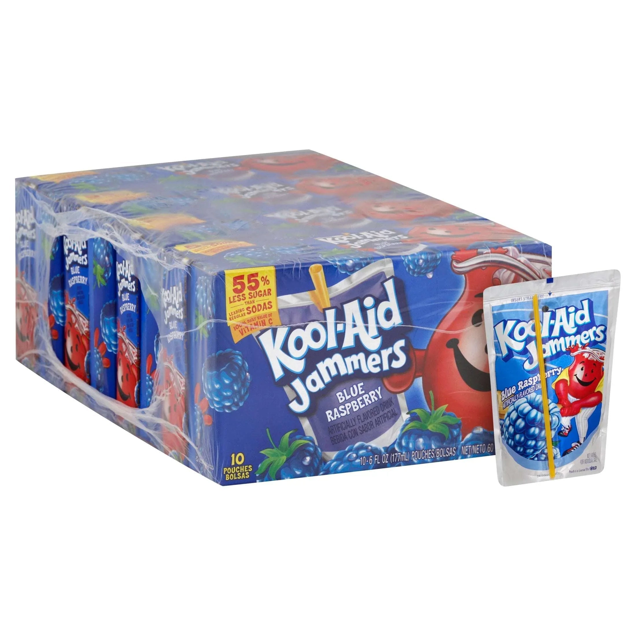 Kool-Aid Jammers Artificially Flavored Drink, 10 Pouches, for School Lunches and On-the-Go Hydration, Blue Raspberry Flavor, Excellent Source of Vitamin C, 6 fl oz