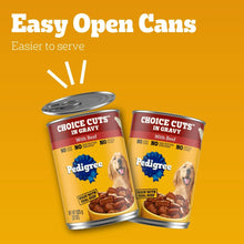 Pedigree wet dog food cans labeled 'Easy Open Cans' with beef gravy