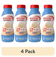 4 pack vanilla protein shake bottles, blue labels and red caps