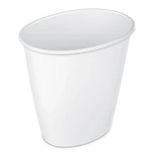 White plastic small trash can with wide open rim and no lid.