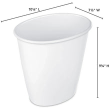 White plastic small trash can, open top, with rounded sides and no lid.