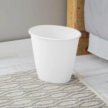 White plastic small trash can with open rim and no lid.