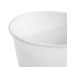 Close-up of a white plastic trash can rim with open top, no lid.