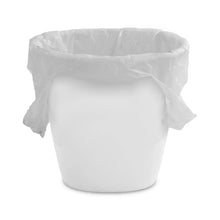 White plastic trash can with crinkled plastic liner fitted around the open top.
