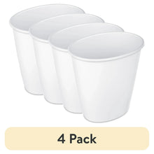 Set of four white plastic bathroom trash cans with open tops, no lids.