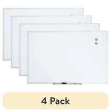 Four-pack magnetic dry erase whiteboards with silver metal frames and magnets