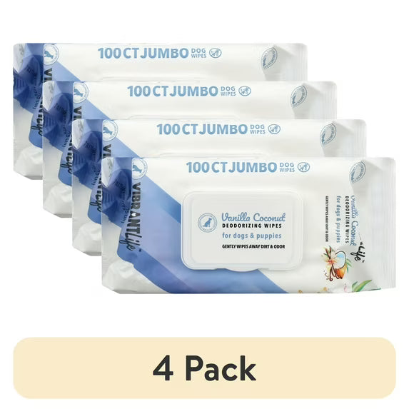 Dog deodorizing wipes multipack pouches with '4 Pack' banner, Vanilla Coconut scent