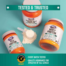 Protein powder tubs with white powder and scoop, orange-and-white container caps