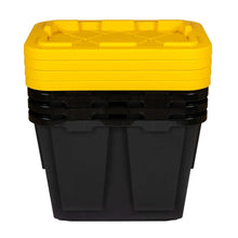 Yellow-lidded storage bin with black body, stacked ribbed bands