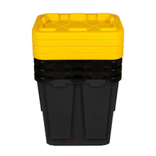 Rectangular storage bin with yellow lid and black body