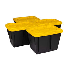 Two yellow-lidded storage bins with black bodies, side by side