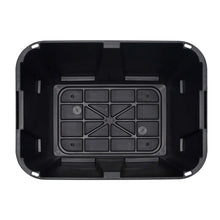 Black storage bin interior base with molded compartments and latch slots