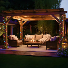 Color-changing bubble lights along a patio pergola frame and posts