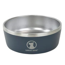 Double-wall stainless dog food bowl with dark exterior and shiny inner bowl