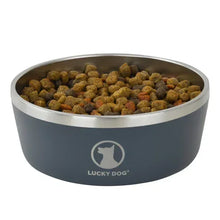 Double-wall stainless dog food bowl with dark exterior and rim, filled with kibble