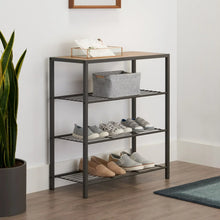 Dark gray 4-tier shoe rack with console top, shelves holding assorted shoes